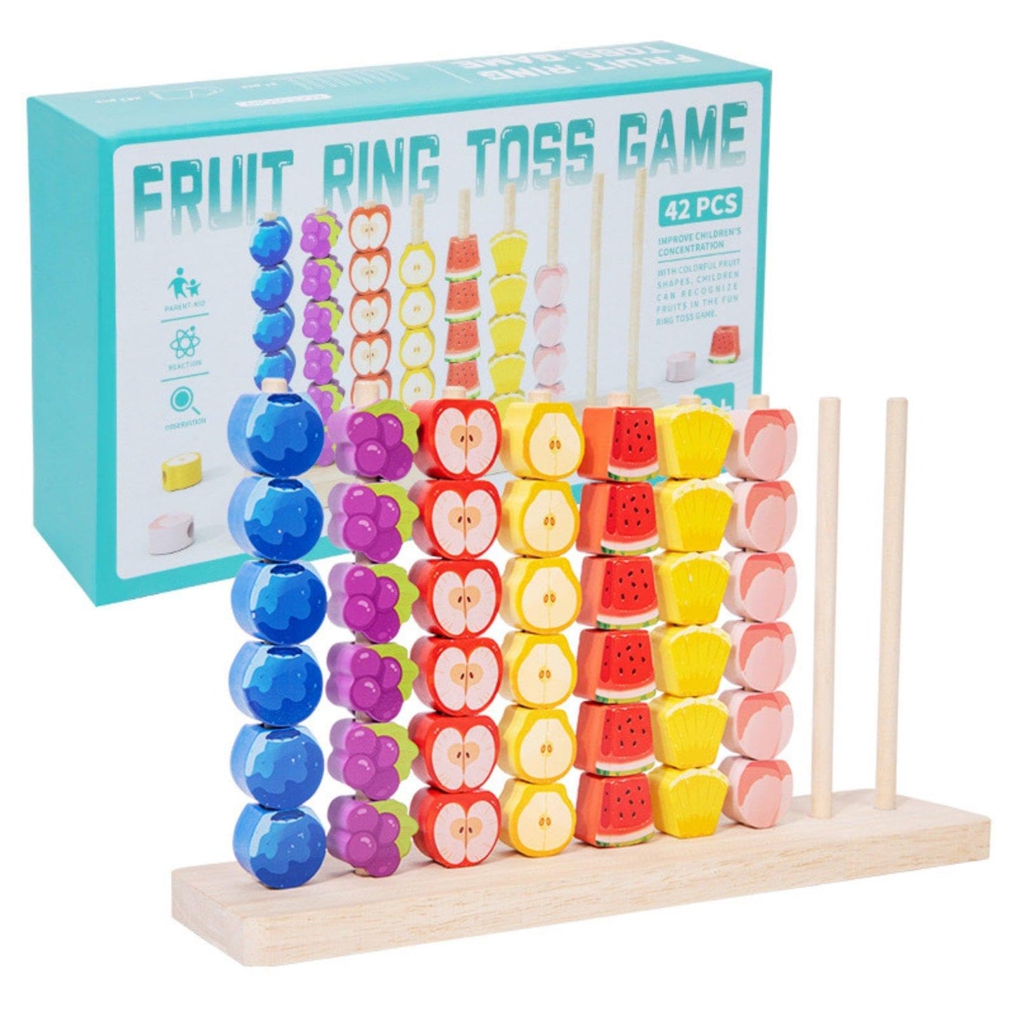 Ecomistiq42 Pieces Wooden Fruit Hoop Toss Activity Early Learning Wooden Fruit Stacking Game Educational Preschool Matching Toy