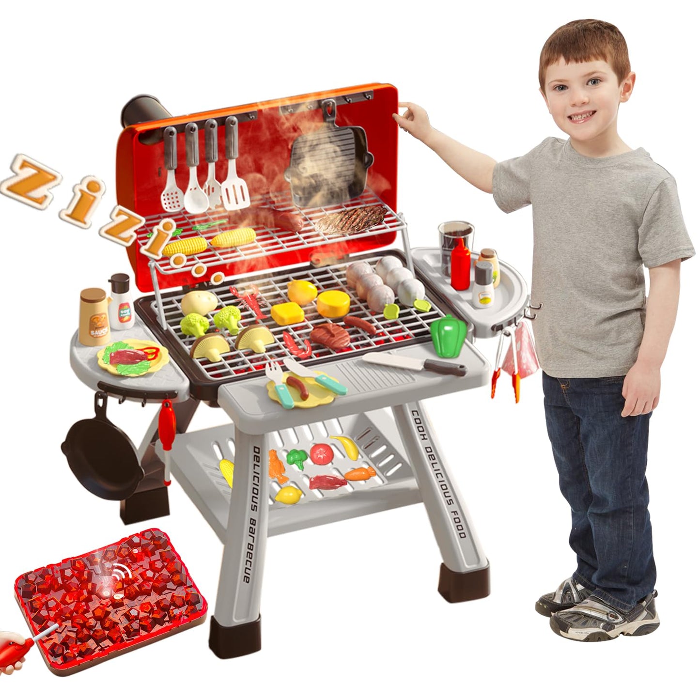 Barbecue Grill Toy Set, Kids BBQ Kitchen Playset with Smoke Sound Light Simulation Camping Cooking Interactive Pretend Play Food