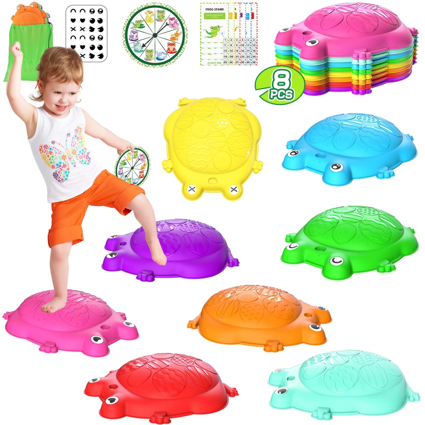 Kizjorya Stepping Stones For Kids, 8 Pcs Frog Non-Slip Balance Steps Stones Sensory Toys For Toddler Ages 3-5, Obstacle Course C