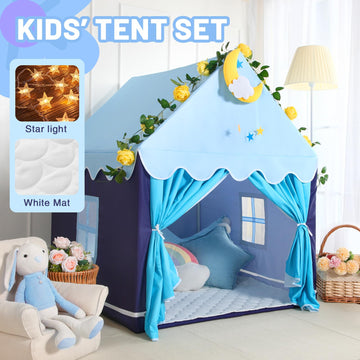 Wilwolfer Kid Tent With Mat, Star Lights - Kids Play Tents For Toddlers Kids Tents Indoor Playhouse - Princess Tent For Girls Toy House Gift (Blue With Cloth)