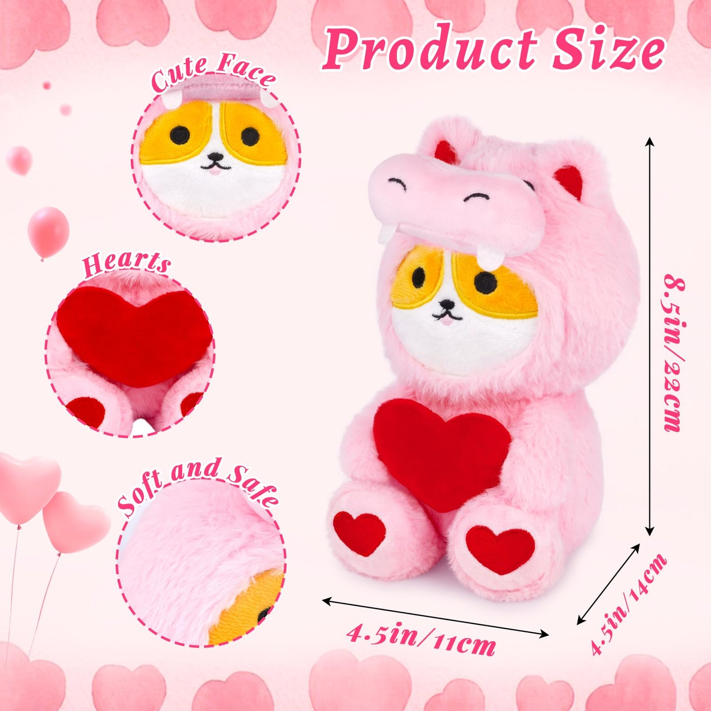 Jizwpoom Dog Plush - Corgi Stuffed Animal, Red Heart With Hippo Costumen Toys Doll Party Decor, Valentines Day Birthday Gifts For Kids, Gift For Girlfriend Boyfriend