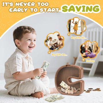Piggy Bank for Kids Girls Boys Summidate Wooden Letter Piggy Bank for Family, Sturdy Coin Banks for Baby, Personalized Cute Init