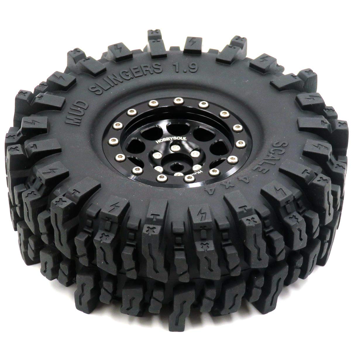 HOBBYSOUL 1.9 Mud Slingers Tires Super Grip Sticky Tyre 120mm / 4.72'' tall & 1.9 Beadlock wheels Rims Hex 12mm Black For 1/10 C