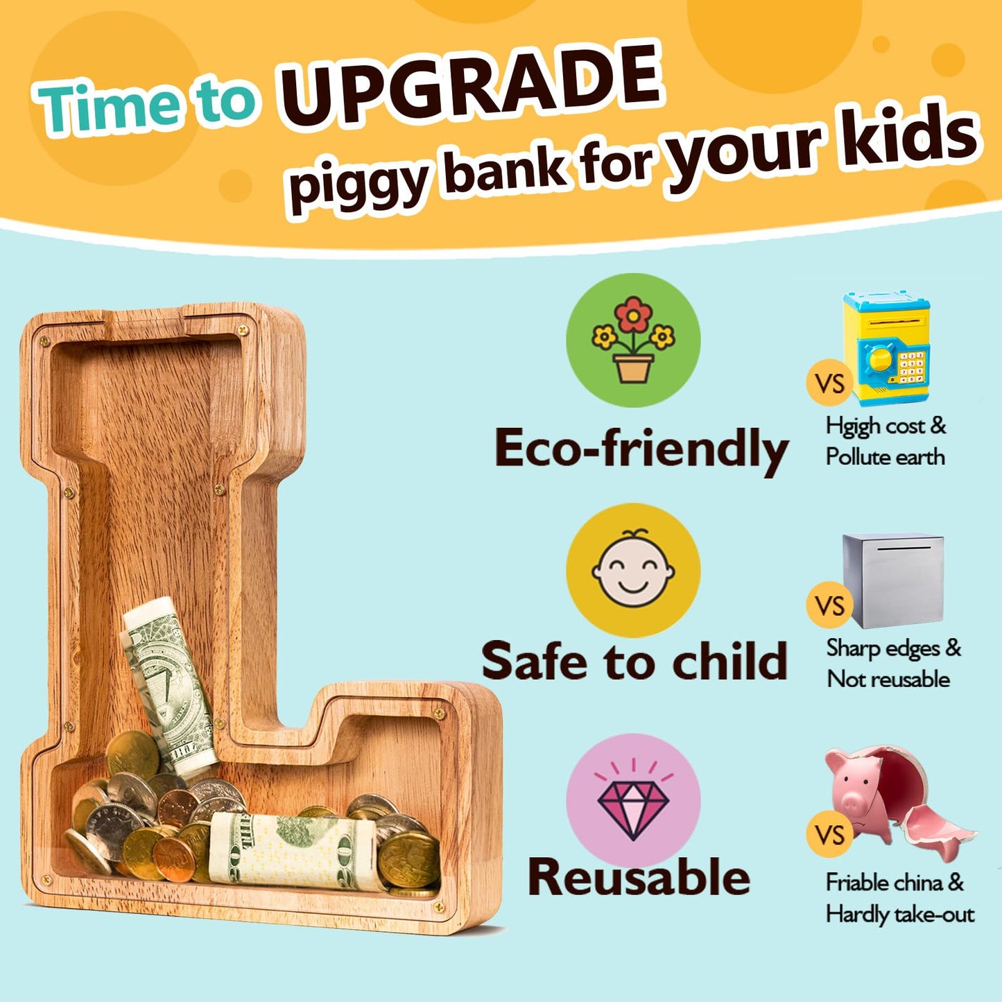 SummiDate Wooden Letter Piggy Bank| Piggy Bank for Boys Girls Toddler| Alphabet L Money Bank| Coin Bank Birthday Gift for Kids|Birthday Easter Gifts for Kids (L)