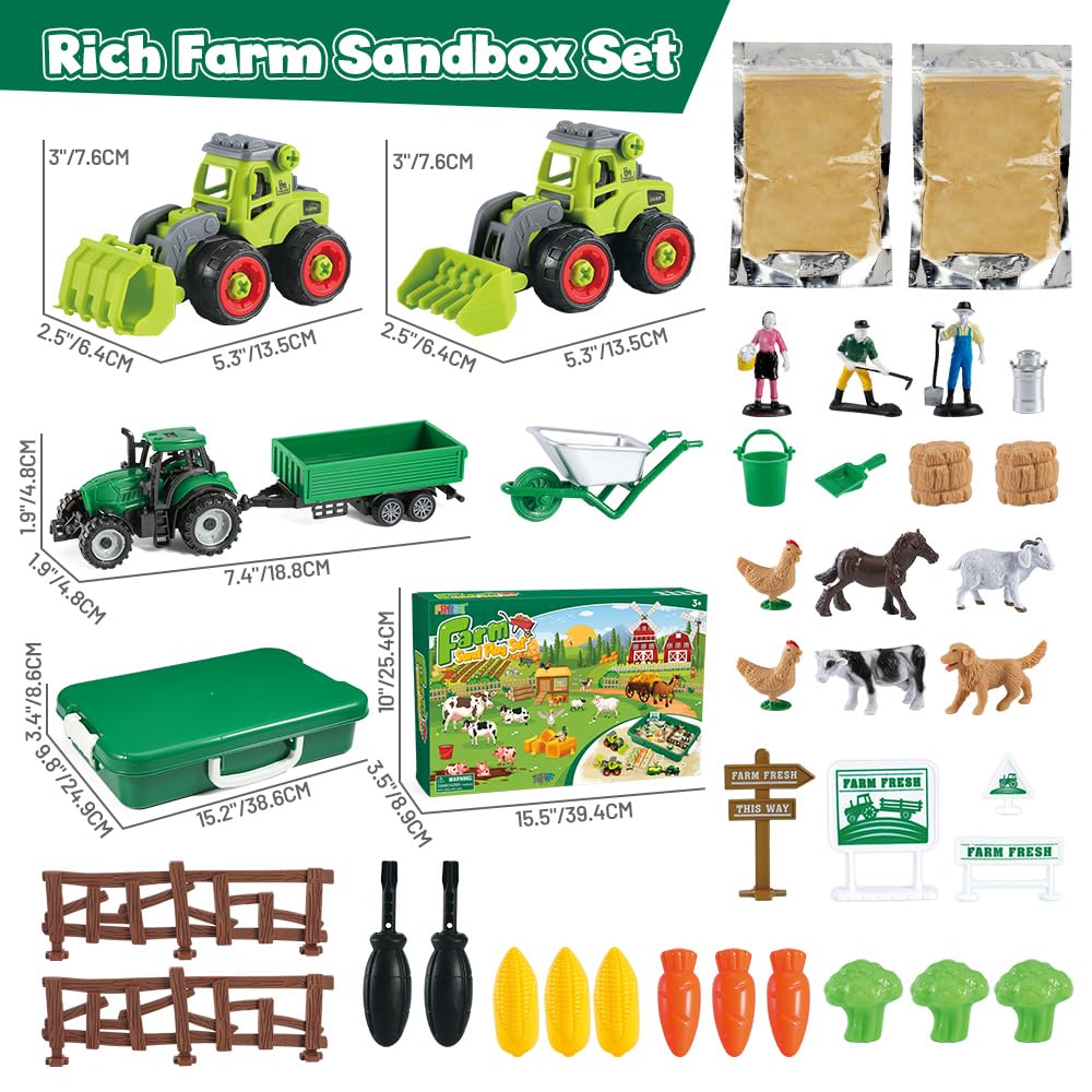 FRUSE Play Sand Farm Toys,Sensory Bins for Toddlers with 2.2lbs Sensory Play Sand,Farm Figures & Tractor Playset,Sandbox Toys fo