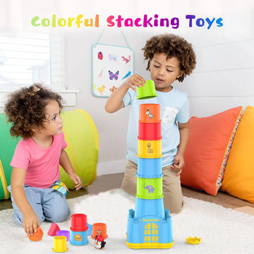 Moontoy Stacking Cups Baby Toy Set, 19Pcs Baby Stacking Toys For Toddlers 1-3, Shape Sorter Stackable Blocks Games Nesting Sorting Toys 6-12 Months 1 Year Old Easter Basket Stuffers Birthday Gift