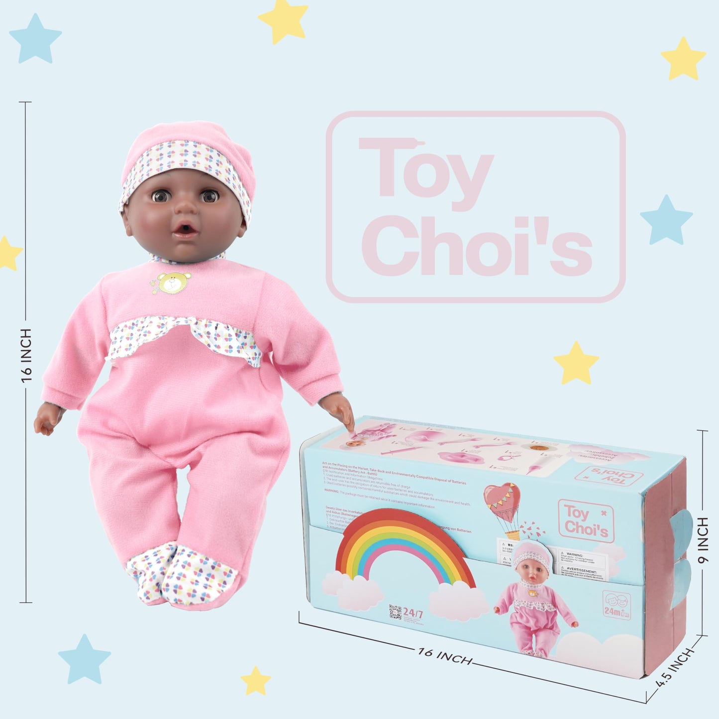 Toy Choi'S Interactive Baby Doll Pink - 16 Inch Crying Talking Feeding Dolls With Different Sounds And Accessories, Pretend Play Preschool Toys For 2 3 4 5+ Year Old Girls Boys Gift, Black Doll