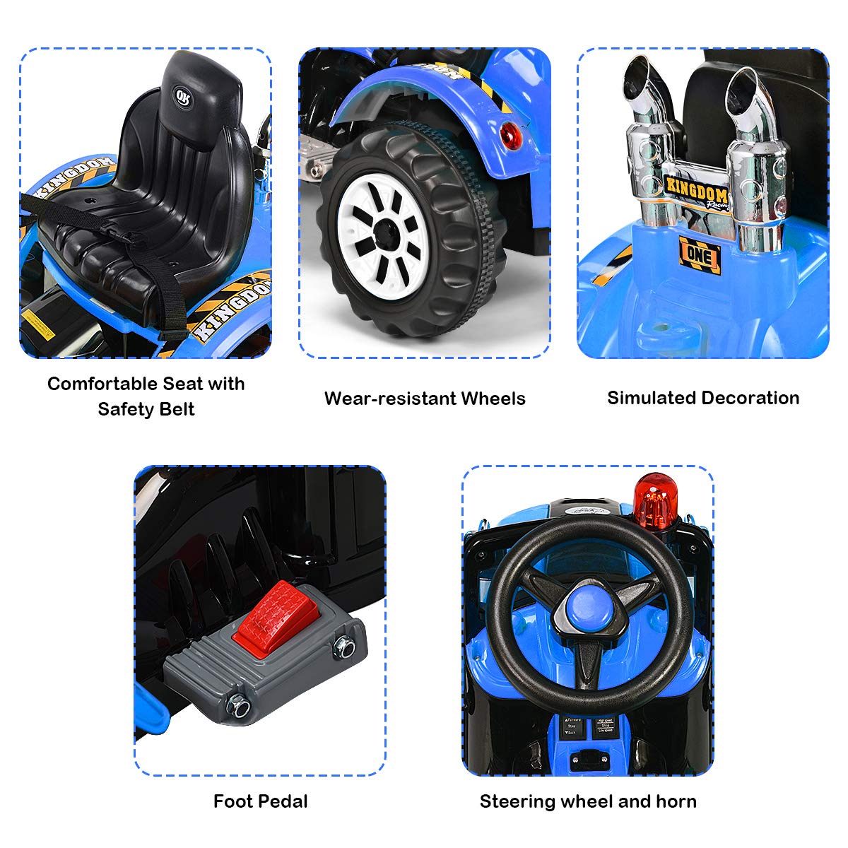 Costzon Ride On Excavator, 12V Battery Powered Construction Vehicles For Kids, Front Loader With Horn, 2 Speeds, Forward/Backward, Safety Belt,Treaded Wheels, Digger, Ride On Car (Blue)