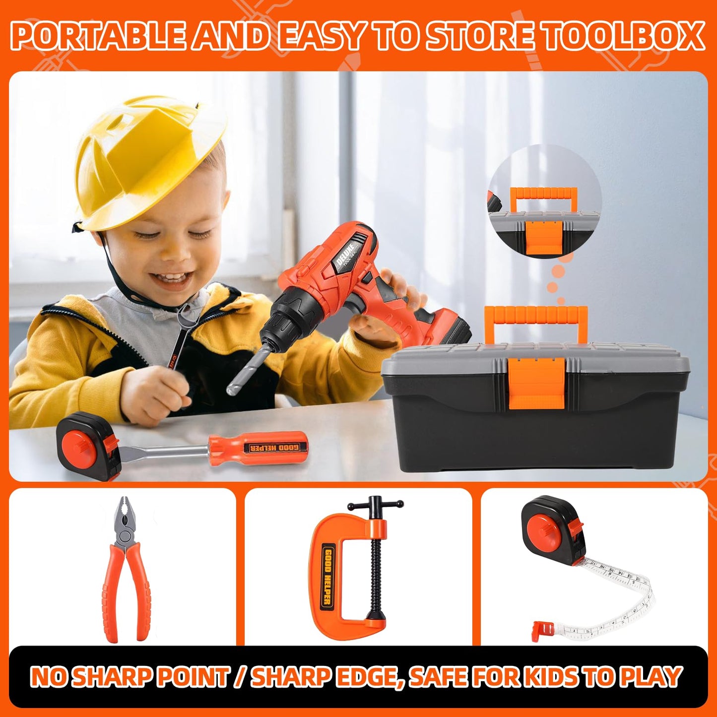 Elitoky Kids Tool Set - 35 PCS Toddler Tool Set with Tool Box & Electronic Toy Drill, Pretend Play Kids Construction Toy, Toddle