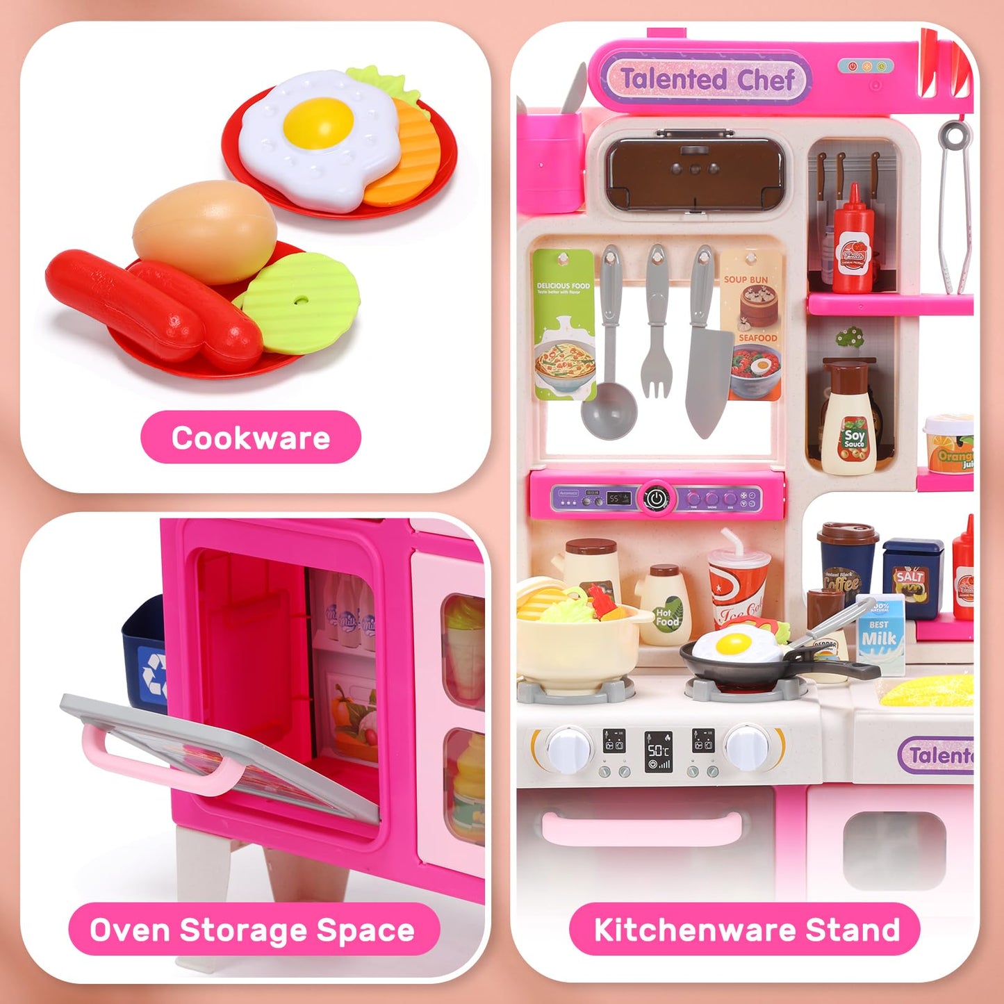 Cute Stone Kids Kitchen Playset, Play Kitchen Set With Sound & Light, Cooking Stove With Steam, Toy Sink,Play Food Toy And Kitch