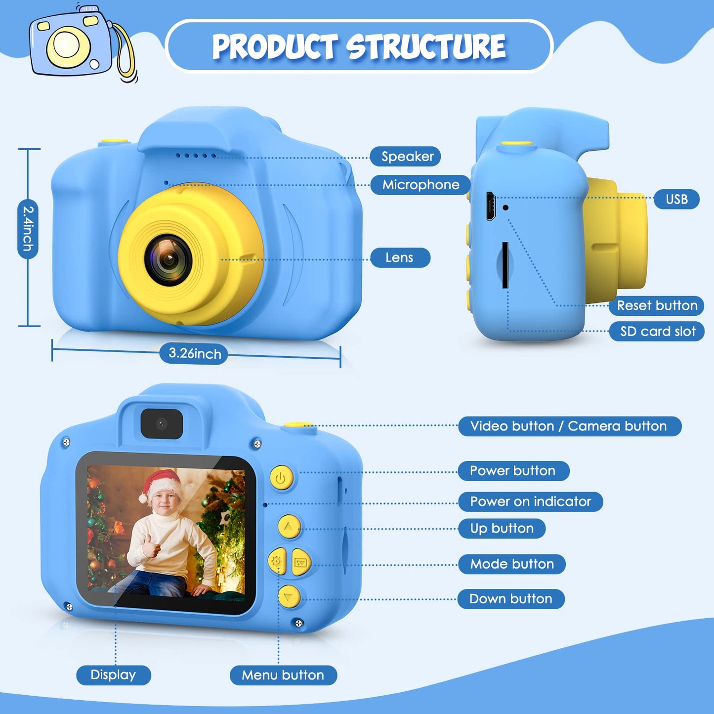 Desuccus Kids Camera - HD Digital Video Camera for Ages 3-9, Compact, Blue, Model X2, Includes 32GB SD Card and 5 Puzzle Games
