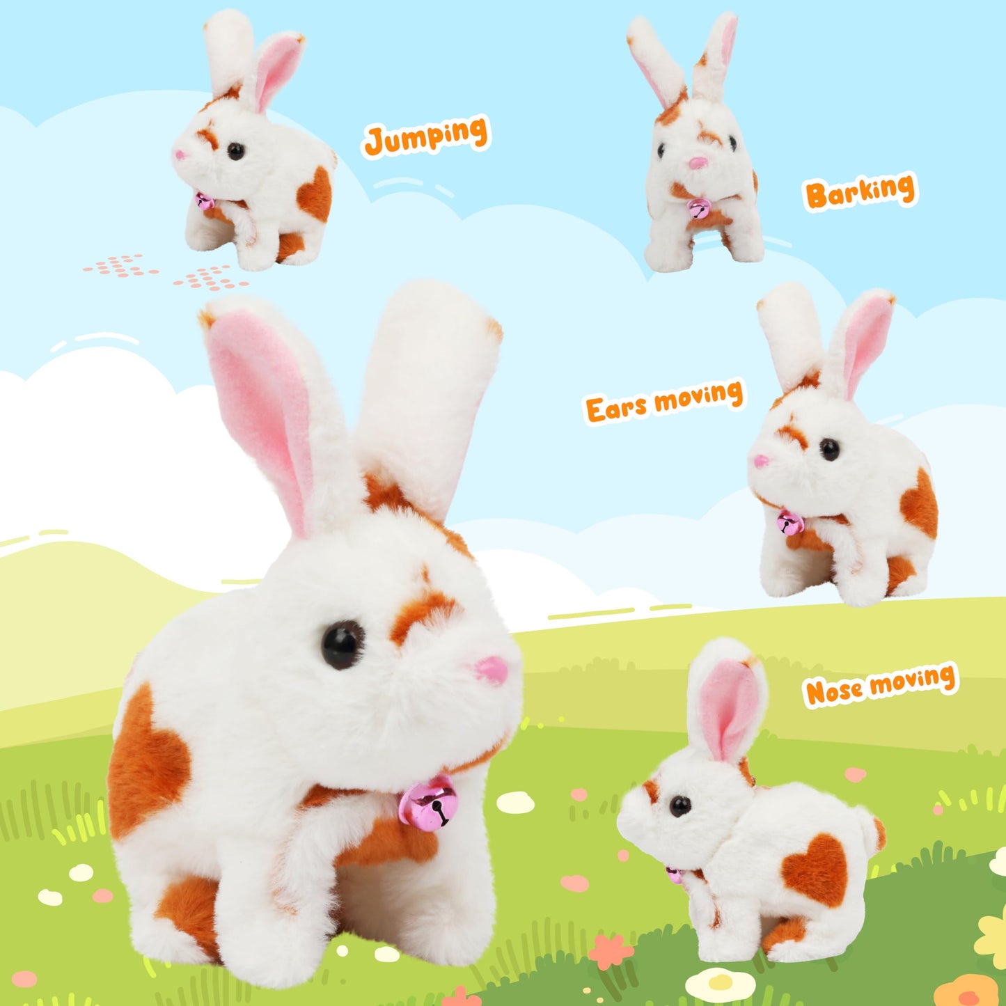 Easfan Easter Rabbit Grey Plush Toy Jumping Spotted Rabbit Talking Hopping Ears Nose Moving Educational Plush Singing Shaking Gl
