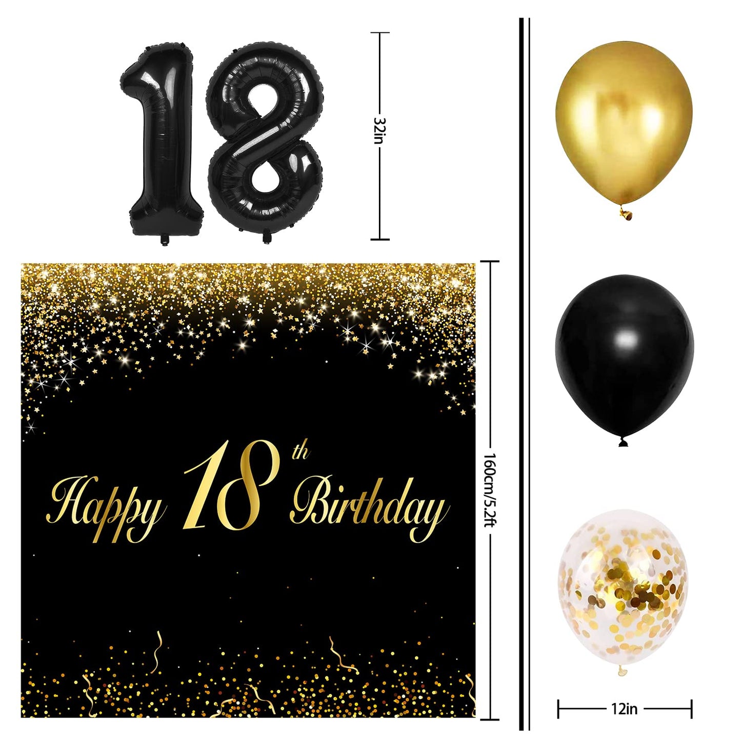 Happy 18Th Birthday Balloons Black Set Decor - Cheers To 18 Years Old Party Theme Garland Banner Backdrop Decorations For Women