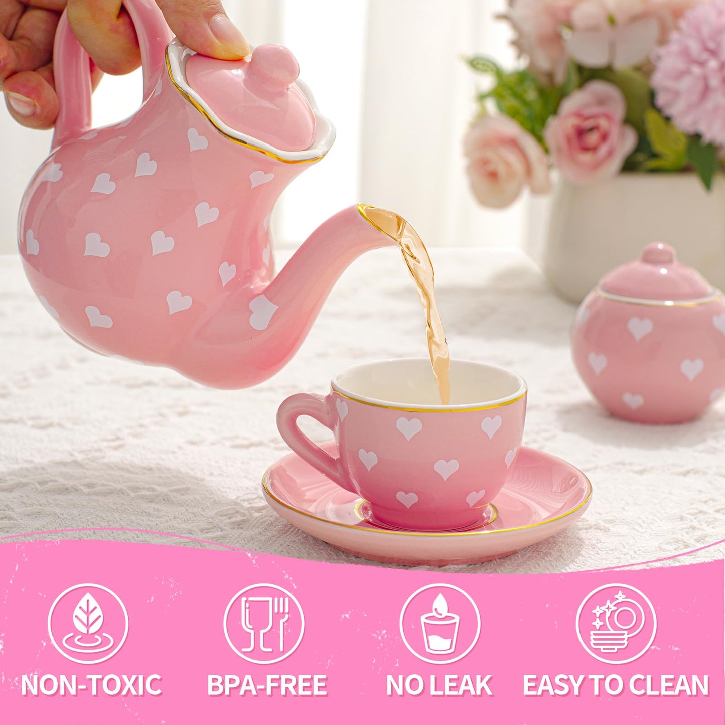 TUZT Porcelain Tea Party Set for Little Girls Kids Toddlers, 13Pcs Pink Heart Ceramic Tea Set - Tea Pot Cups & Saucers & Carryin