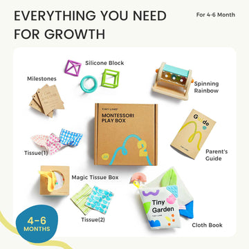 Tiny Land Montessori Baby Toy Set 4-6 Months - Early Learning Motor Skills Development Kit With 4-In-1 Soft Cloth Book, Spinning