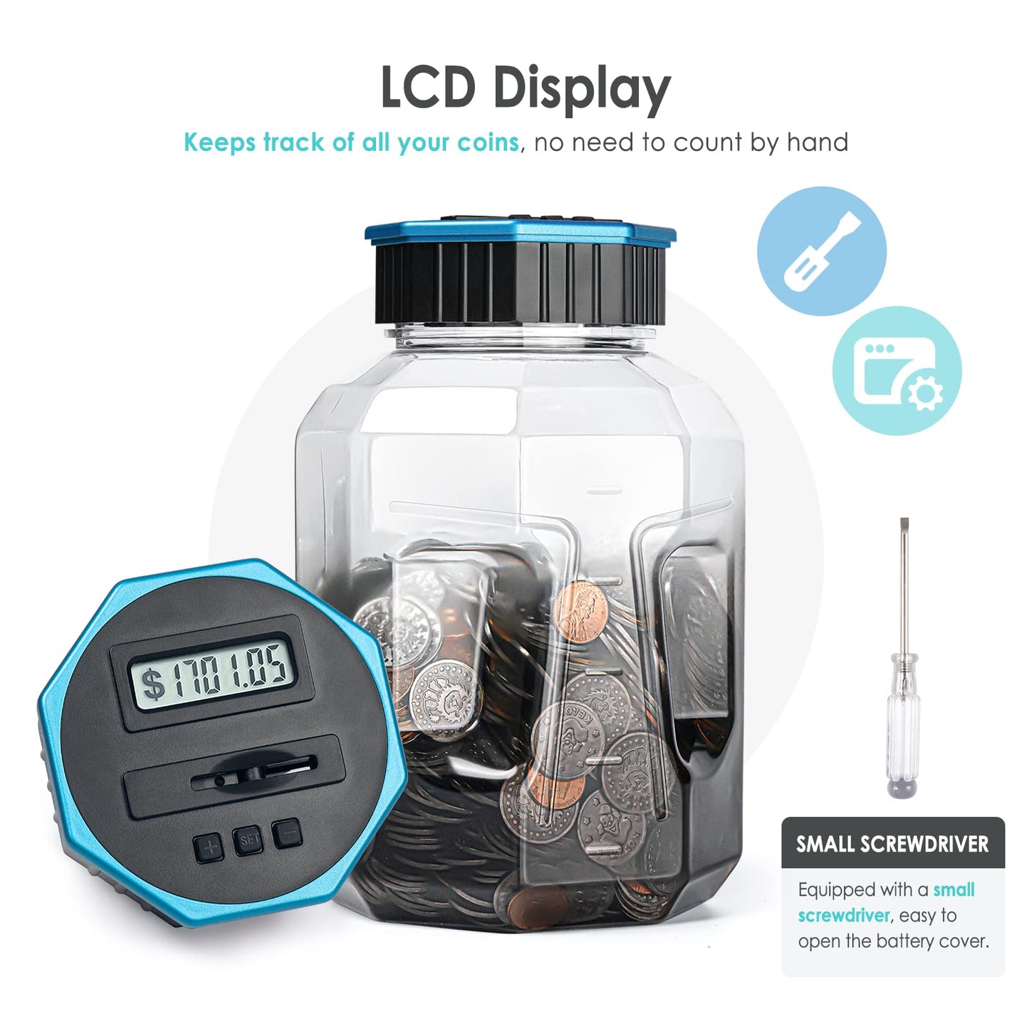 X-Large Piggy Bank For Adults Kids, Vcertcpl Digital Coin Counting Bank With Lcd Counter, 2.4L Capacity, Great Coin Counter Bank Money Counting Jar With Total Amount Displayed (G Gray, X-Large)