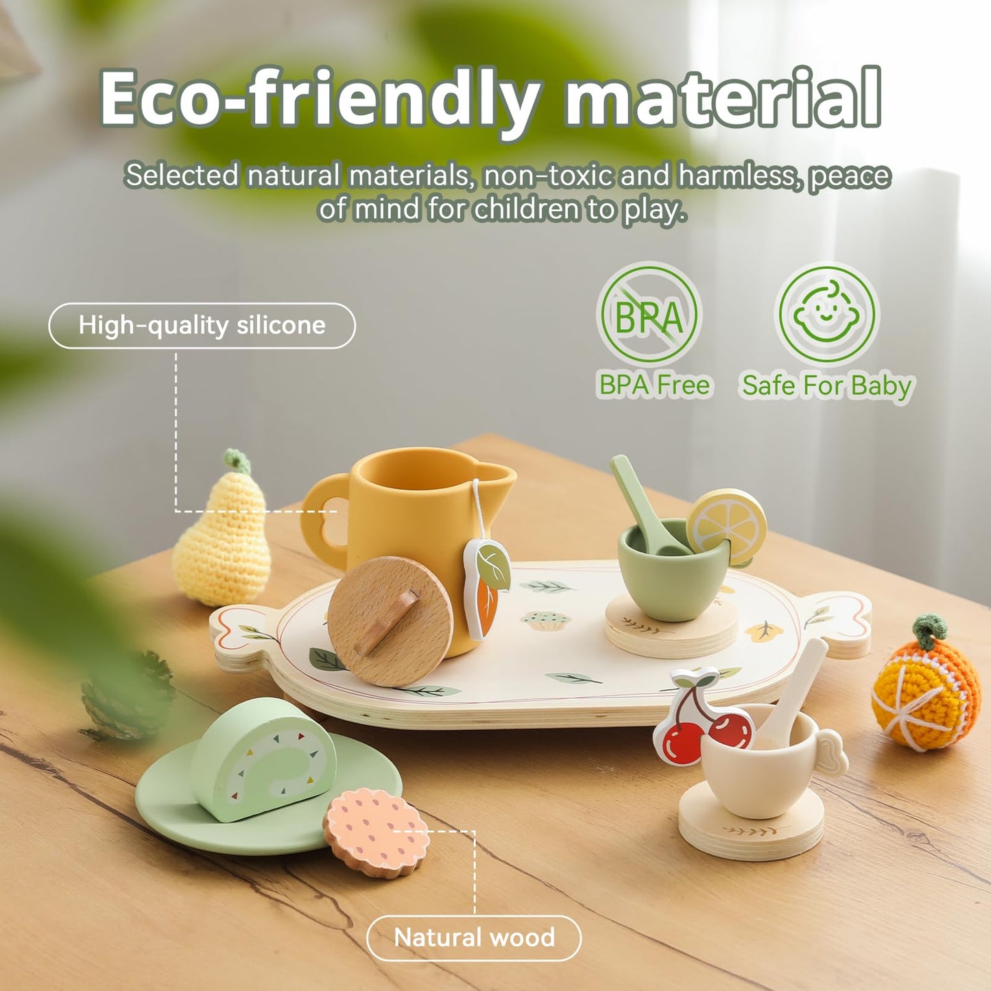 Tea Party Set for Kids - Wooden Tea Set for Little Girls 14PCS Silicone Toddler Tea Set Kitchen Accessories Pretend Play Toy Tea