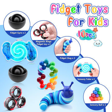 Cevioce 10Pcs Fidget Toys Adults Pack,Stocking Stuffers For Teens Boys Girls,Autism Sensory Toys With Fidget Spinner Slug Magnetic Rings,Squishy Fidget Toys Adhd Stress Relief,Party Favor For Kid-Bb