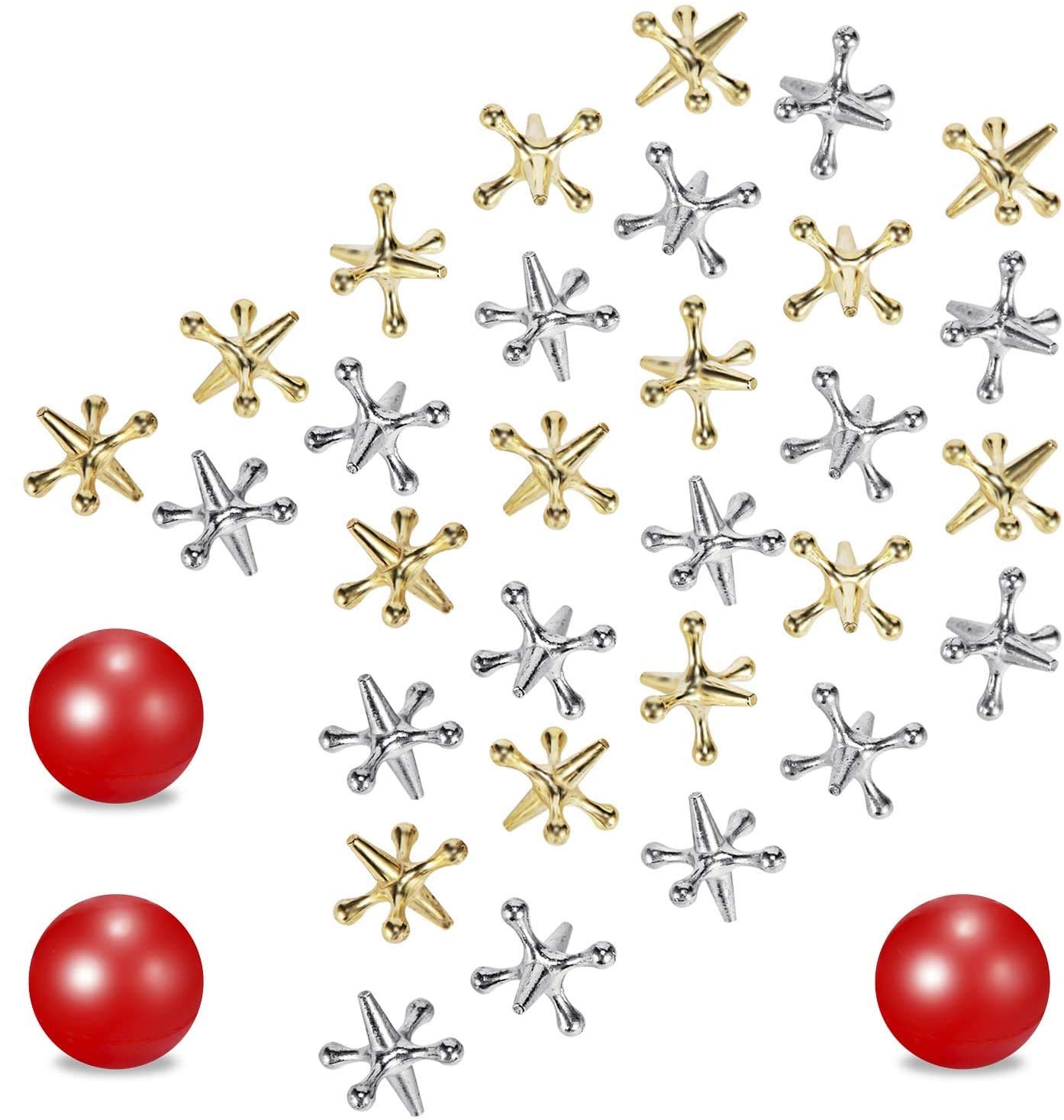 Legigo 3 Sets Retro Metal Jacks And Ball Game Toys Kit,Include 3 Pieces Red Rubber Balls And 30 Pieces Gold And Silver Metal Jacks For Kids And Adults,Classic Game Of Jacks For Party Favor