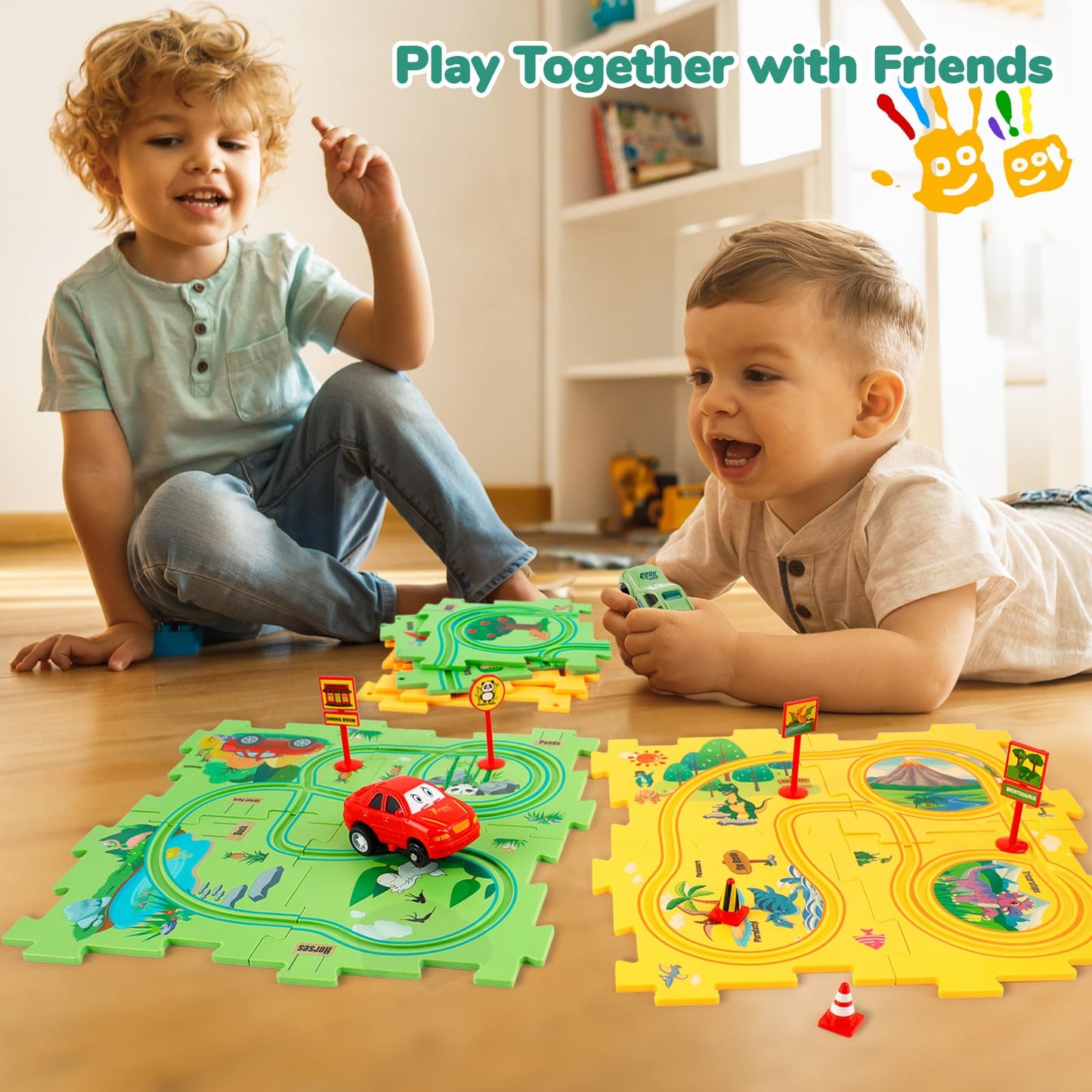 Yooyid Plastic Floor Puzzles For Kids With 2 Cute Vehicles, Puzzle Racer Kids Car Track Set, Montessori Toys For 3 4 5 6 Year Ol