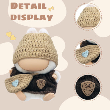 17cm Doll Clothes for Labubu (NO Doll) - Kawaii Chic Style Set for 17cm Dolls Handcrafted Crochet Dolls Outfit with Accessories - Khaki Wool Hat + Brown Romper + Khaki Bag (Brown)