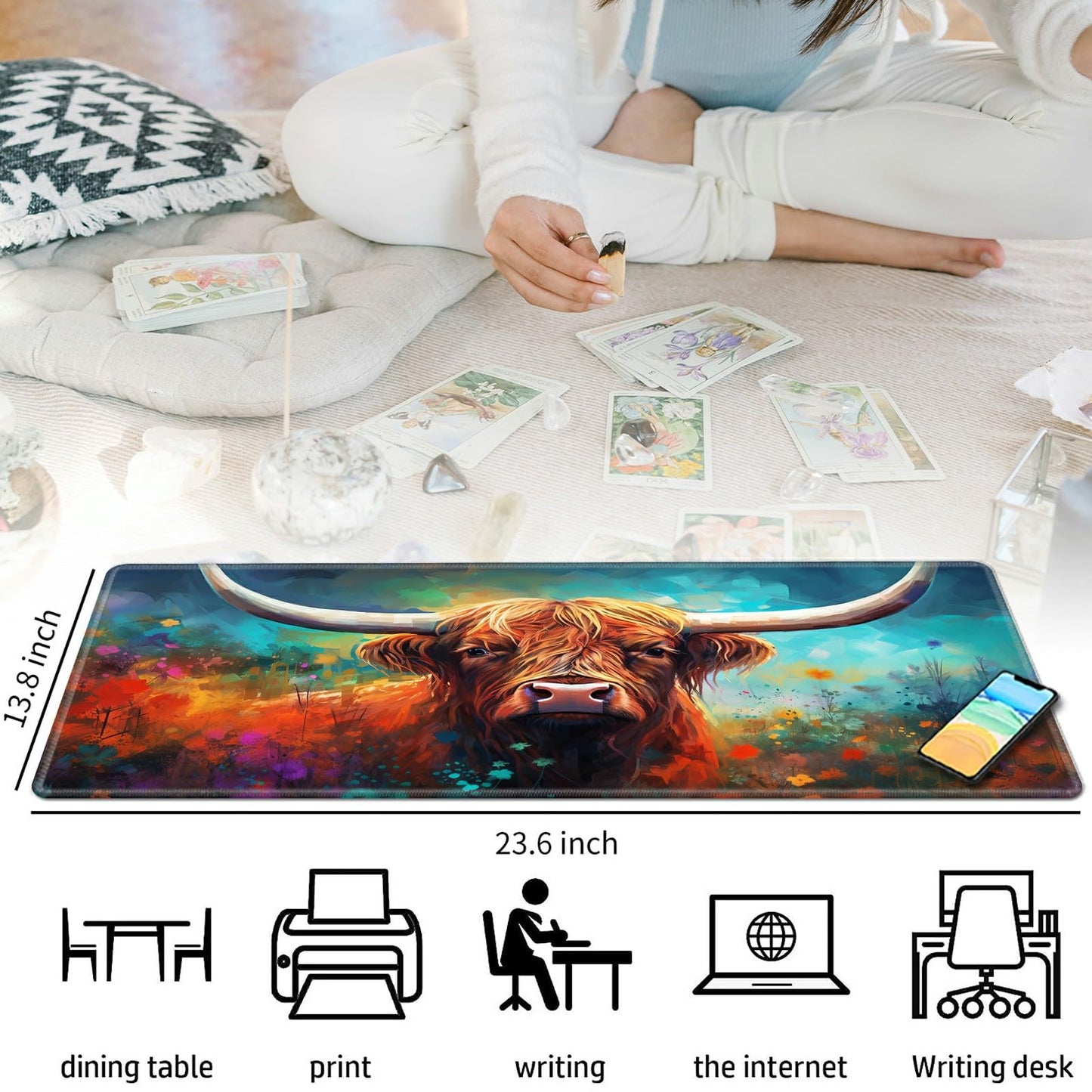 Highland Cow And Flowers For Mtg & Tcg Playmat Mouse Pad,Bfdhgqzc 24'' X 14'' Game Mat For Mtg/Rpg/Ccg Trading Card Game Playmat
