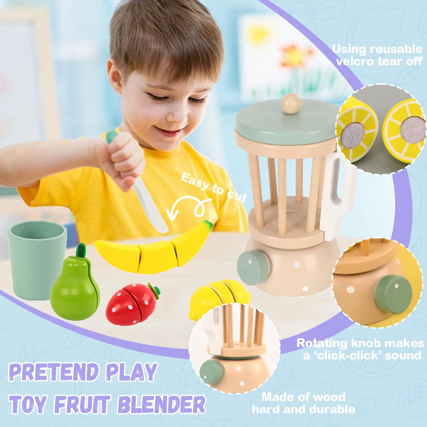 Wooden Blender Toys Play Kitchen Set For Kids-Fruit Juicer Maker Toy,Pretend Cutting Fruits Toys Mixer Food Play Kitchen Accesso