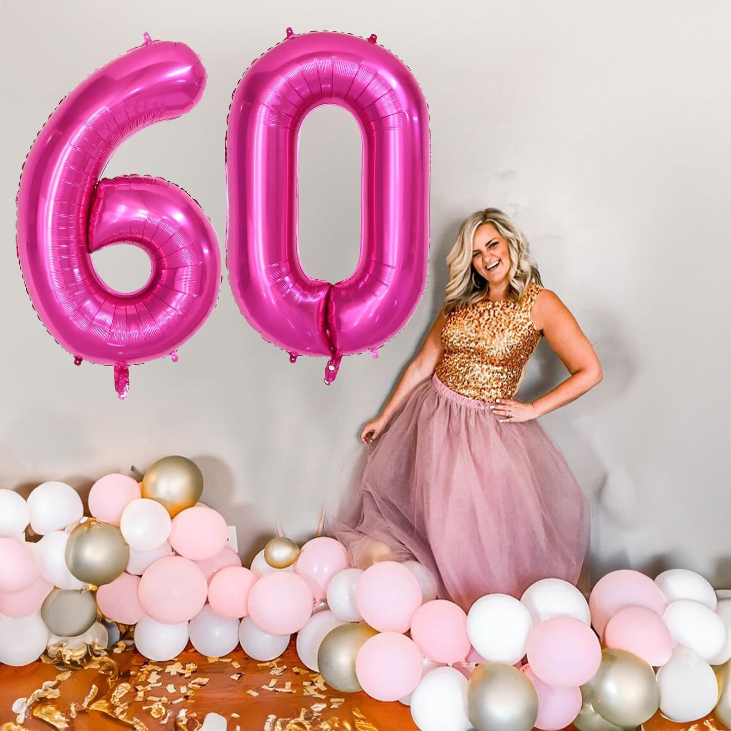 Isndare 40 Inch Number Balloons 60, Hot Pink Helium Foil Number 60 Balloons, Large Number Balloon Age Balloon For Boys Girls Bir
