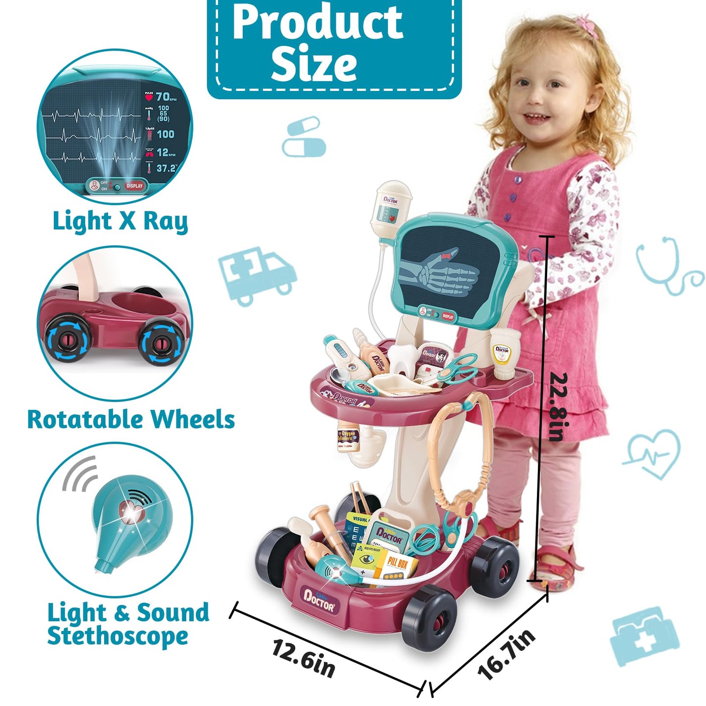 29 Pcs Doctor Kit for Toddlers 3-5 Pretend Play Toys Dentist Set Vet Medical Mobile Cart with Sound & Light Xray Stethoscope Tod