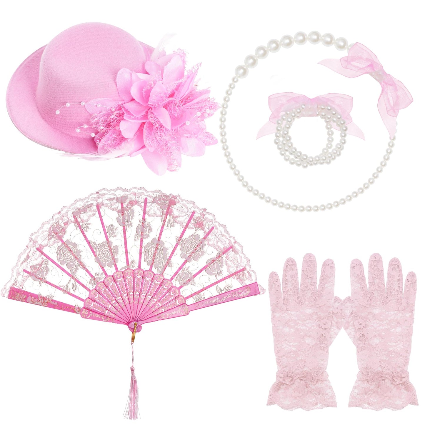 Obmwang 5 Pieces Girls Tea Party Supplies Tea Party Gloves Hats Girls Kids Tea Party Necklace Fan For Girls Tea Party Costume