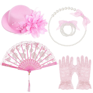 Obmwang 5 Pieces Girls Tea Party Supplies Tea Party Gloves Hats Girls Kids Tea Party Necklace Fan For Girls Tea Party Costume