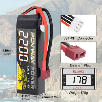 POVWAY 3S 11.1 V 2200mAh LiPo Battery 50C RC Battery with T Plug Compatible RC Airplane, RC Helicopter,Drone ect.(2 Pack)