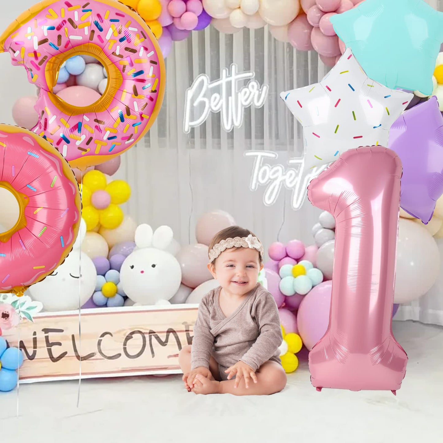 Dripykiaa 6 Pcs Donut Balloon Bouquet 40 Pink One Year Old Balloon Set For First Birthday Donuts Foil Helium Balloons Sweet O