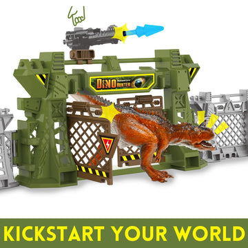 Oriate Jurassic Dinosaur Toys Catch N Run Fighting Playset, 32 Pcs Include Big T-Rex & Carnotaurus 12 Mini Dinosaur Figures 6 Fences 1 Egg Play Sets, Dinosaur Toys For Kids 2-4 3-5