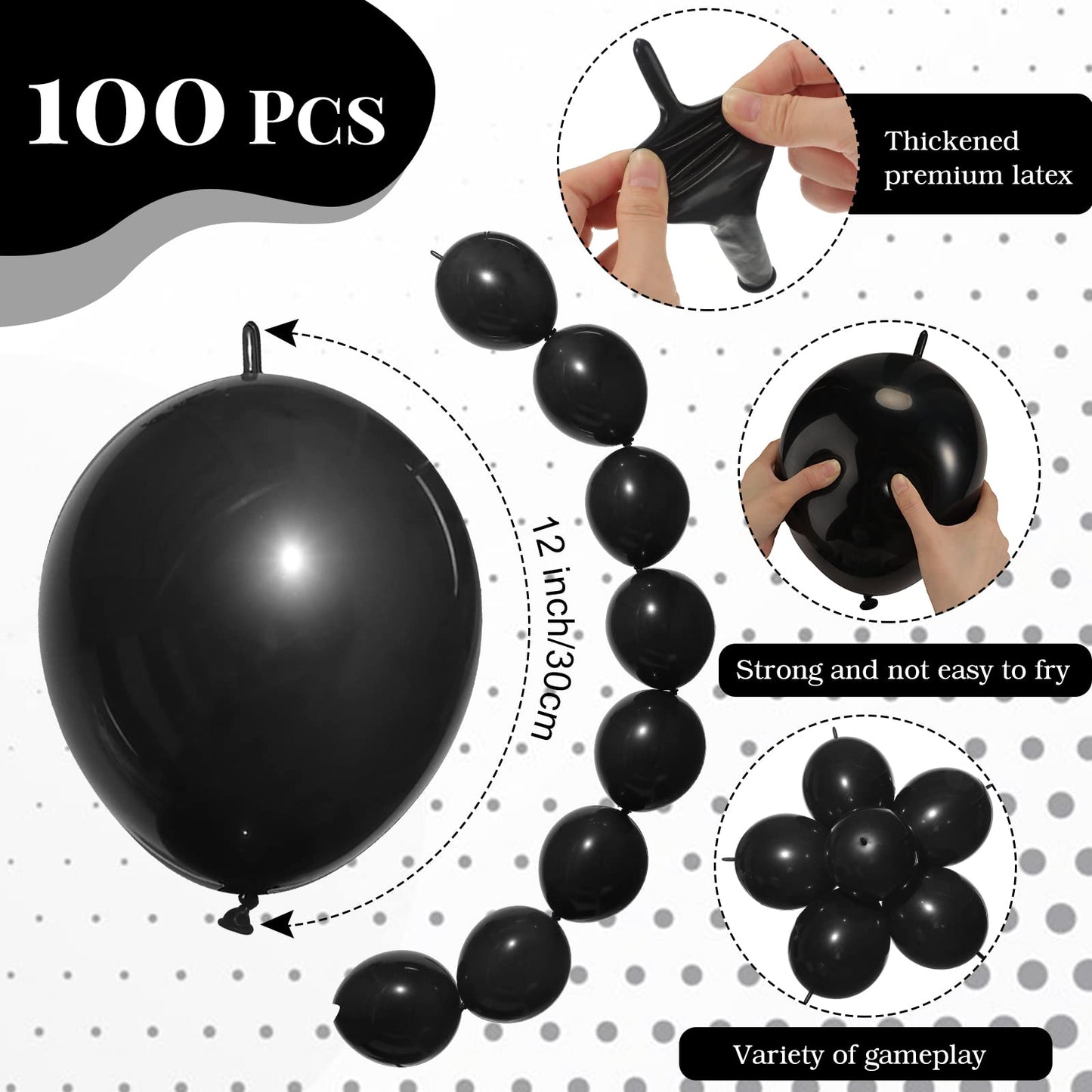 Meanplan 100 Pcs Link Balloon Linking Balloon Latex Linkable Balloons Connected Wedding Party Decoration(Black,12 Inch)