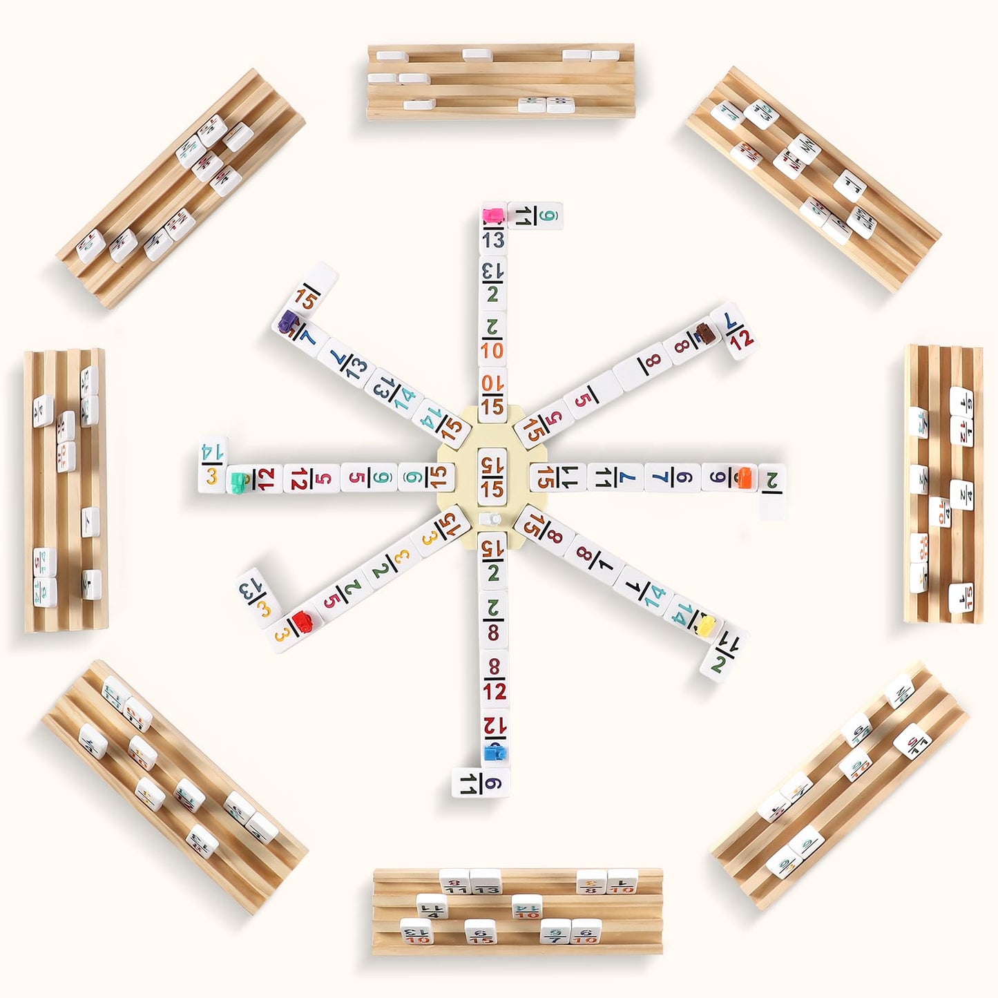 Mexican Train Dominoes Set with Numbers and 8 Wooden Trays/Racks, Double 15 Dominos Travel Set with 8 Tiles Holders, 136 Tiles D