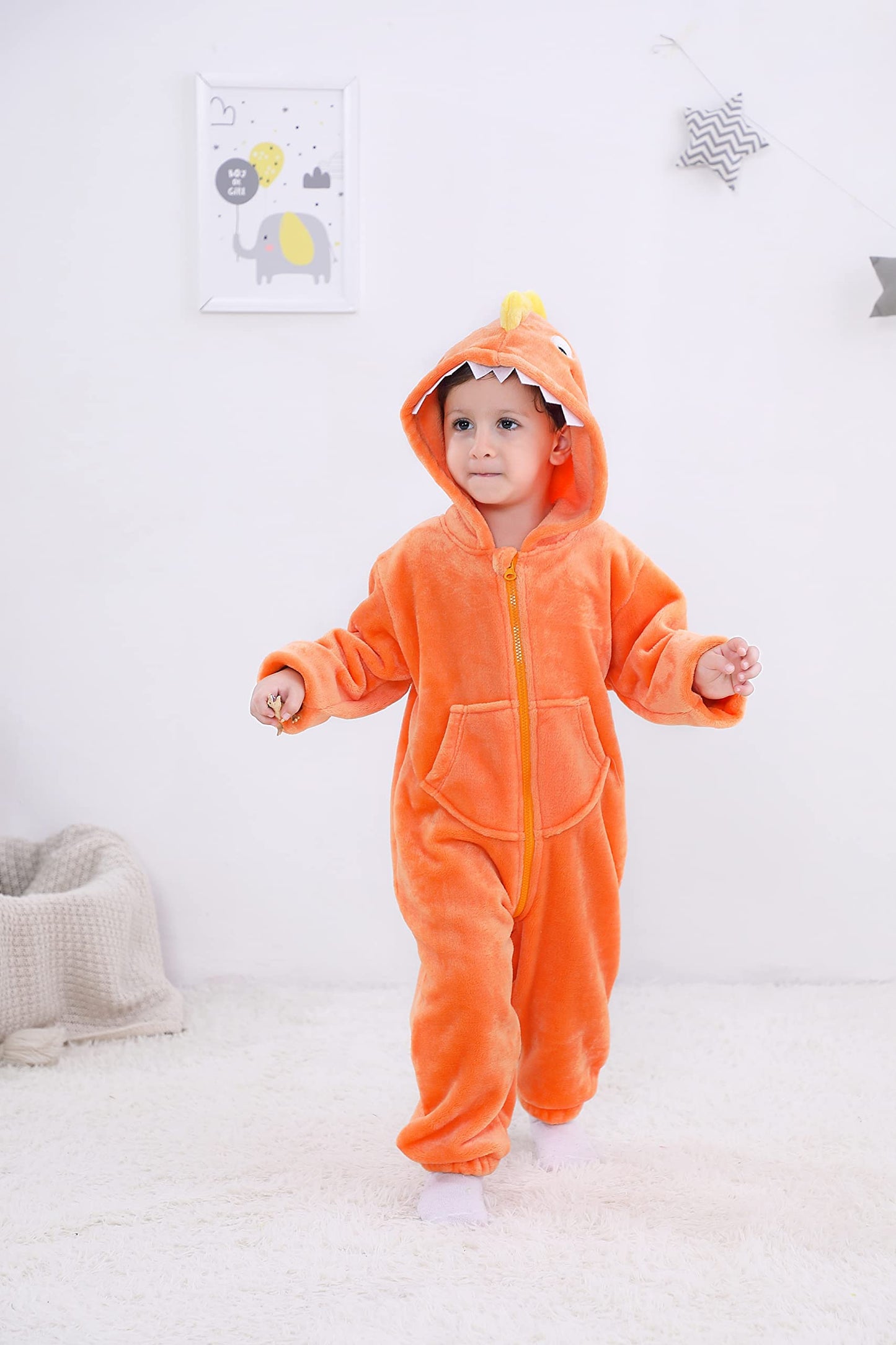 Lolanta Boys Girls Dinosaur Costume Jumpsuits Soft Halloween Animal One-Piece Kids Birthday Christmas Gift (Orange, 4-6 Years)