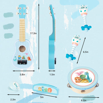 WoodenEdu Kids Guitar Set - Musical Instruments Toys with Ukulele, Tambourine, Maracas, Harmonica, Blue for Boys, Ideal Birthday Gift for Toddlers