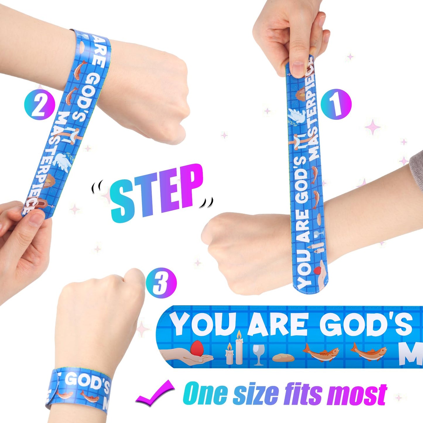 LovesTown 48PCS Christian Snap Bracelets, Bible Verses Religious Slap Wristbands Slap Bracelets for Kids Sunday School Gifts Cla