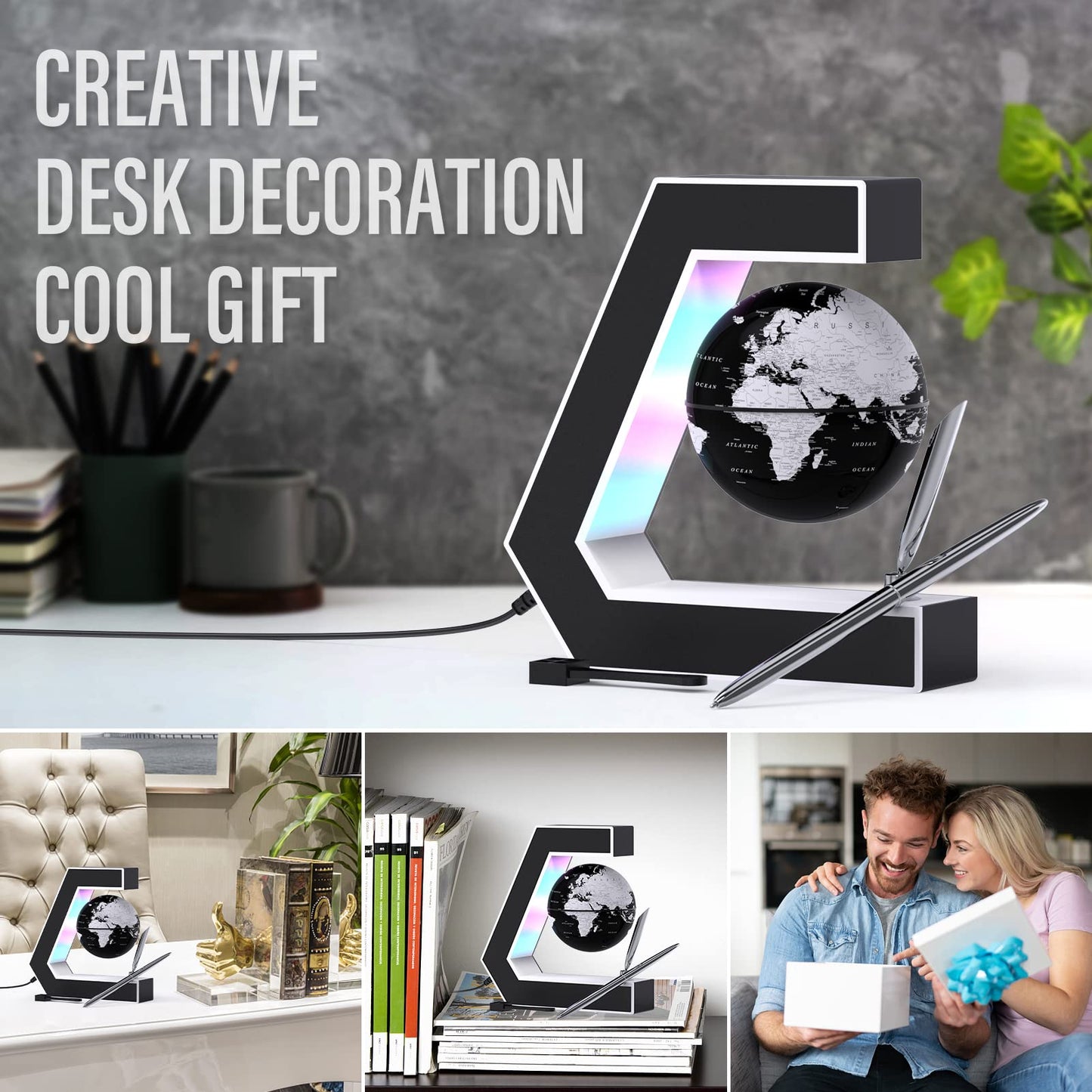 Floating Globe With Led Lights Magnetic Levitation Floating Globe With Pen, Portable To Write On Office Desk, World Map For Desk Decoration