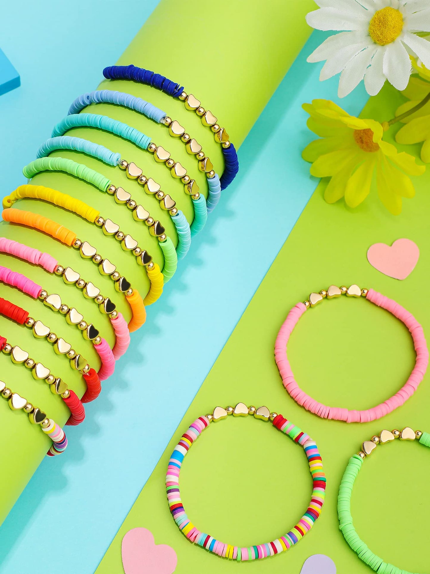 Sureio 24 Pcs Colorful Friendship Bracelets Letter Heart Smile Bracelets Surfer Bracelets Stretch Beaded Kids Bracelet for Girls
