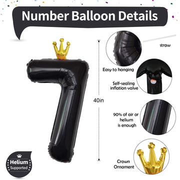 Black Crown Number 7 Balloon, 40 Inch Number 0-9 Set For Men 70Th Birthday, Foil Helium Self Inflating Large Balloons For Girls