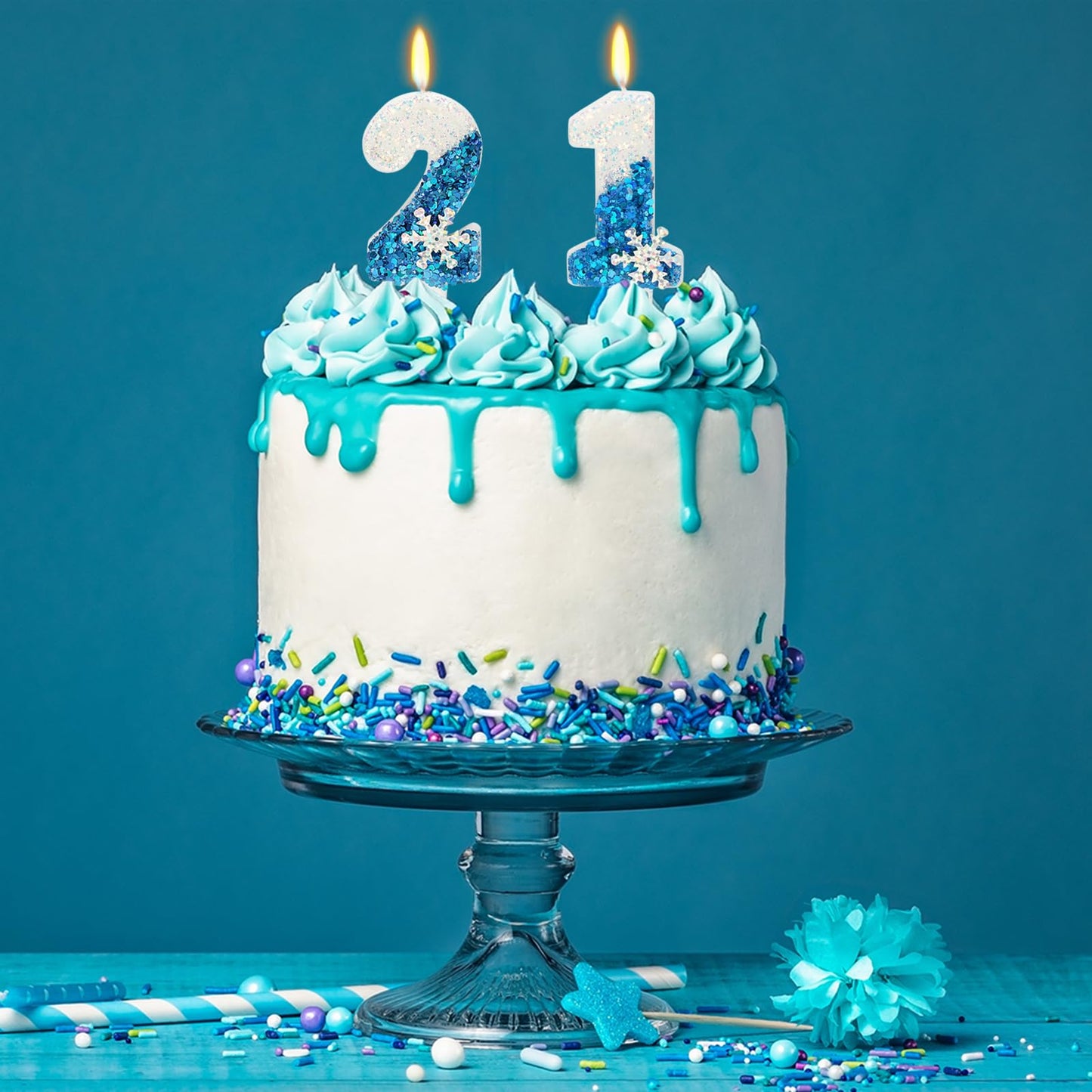 Snow Themed Birthday Candles, Birthday Candle for Party Supplies, Winter Birthday Party Supplies, 2.76 inch Number 21 Candle Cak