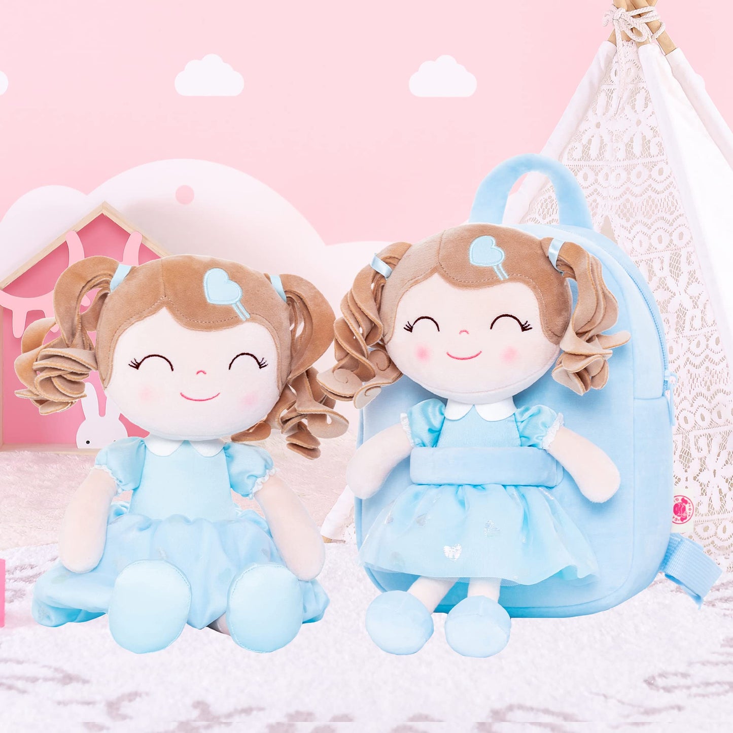 Gloveleya Toddler Backpack Baby Girl Gift Plush Bag Diaper Bag With Spring Girl Doll Curly Hair Girl Toys With Love Blue 9 Inches