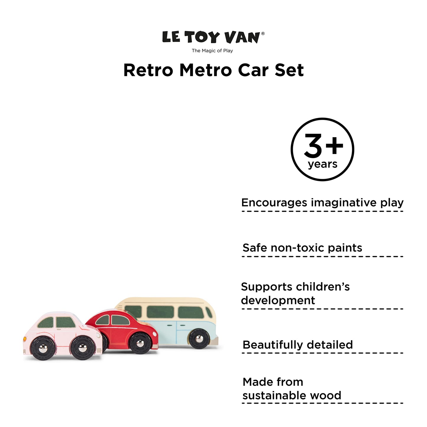 Le Toy Van - Cars & Construction Wooden Retro Metro Car Set Car Toy Play Set - Set 3 Cars | Boys Play Vehicle Kids Role Play Toy
