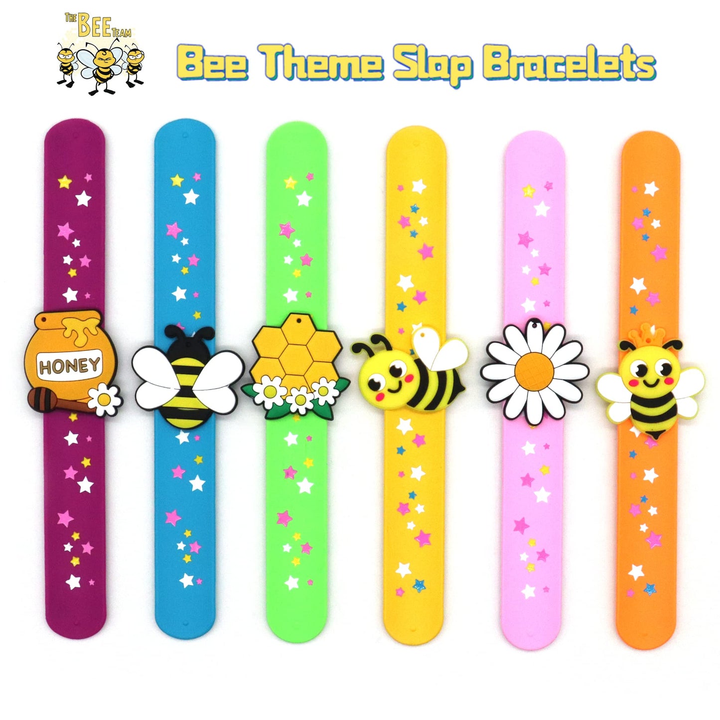 PAITUEND Bee Theme Slap Bracelets Party Favors- Bee Silicone Wristbands (6pack) for Boys&Girls Birthday&Bee Theme Party Supplies