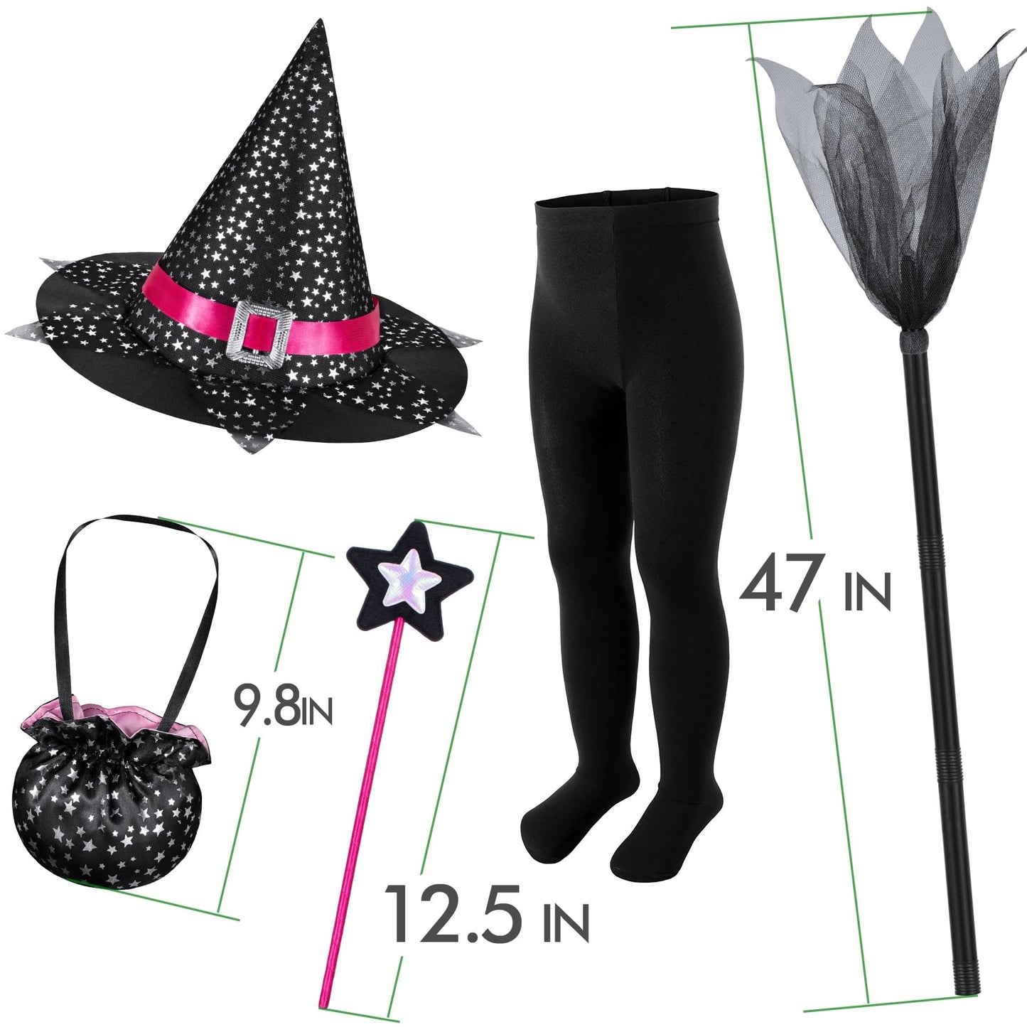 Light-Up Witch Costume for Little Girls Halloween Dress Up - Pink&Black Glowing Witch Costume Party Set with Broom & Hat & Wand & Bag & Pantyhose 3T 4T