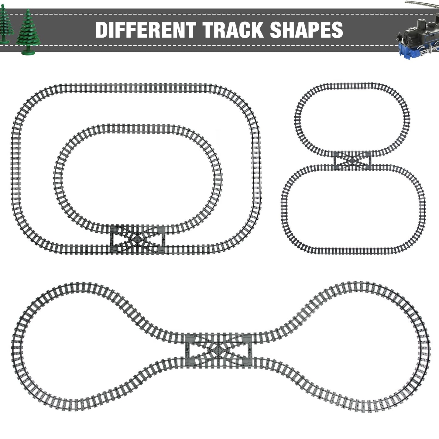 Mannidoo Classic City Train Tracks, 54 Pieces Railroad Tracks With 32 Curved Tracks, 20 Straight Tracks And 2 Switch Train Track