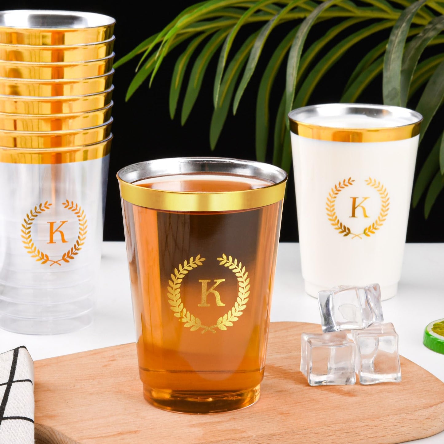 Datyiiha 100 Pieces Monogrammed Plastic Cups Gold Foil Letter K Disposable Cups 12 Oz Clear Initial Party Cups For Wedding Birth