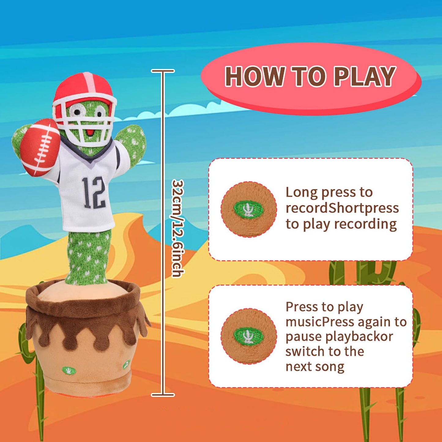 MIAODAM Dancing Football Cactus Toy, Singing, Talking, Record & Repeats What You say with 60 English Songs, Funny Eletronic Baby